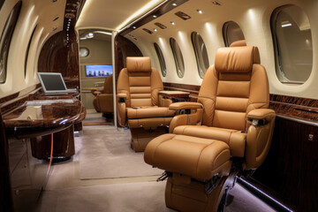 Salon in business jet made of luxurious genuine leather in elegance brown colors. Close up