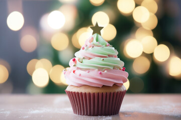 Christmas homemade dessert cupcake or muffin as Xmas tree with green whipped cream, star on bokeh background. Close up. Merry Christmas.
