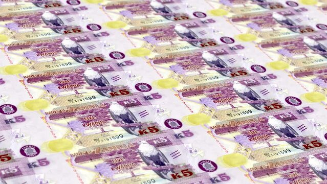 Zambia Zambian Kwacha 5 Banknotes Money Printing House, Printing Five Zambian Kwacha, Printing Press Machine Print out Zambian Kwacha, Being printed by currency press machine 5 Zambian