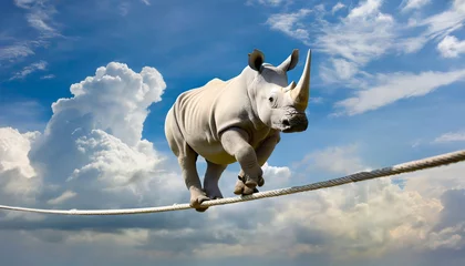  Huge white rhino (rhinoceros) walking on a rope, against a clear blue sky with clouds and copy space. © Alberto Masnovo