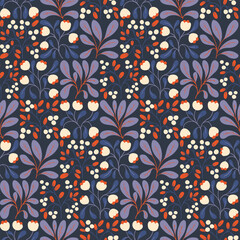 Seamless floral pattern, decorative print with folk retro motif. Botanical design with wild plants in winter colors: hand drawn small flowers, leaves, berries on a blue background. Vector illustration