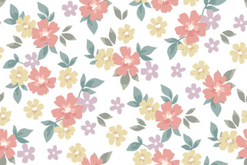 Seamless floral pattern, liberty ditsy print with a delicate spring motif. Cute botanical design: small hand drawn flowers, tiny leaves, simple plants on a white background. Vector illustration.