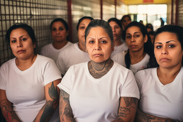 Group of Serious Women with Tattoos in White Clothing Standing in a Line