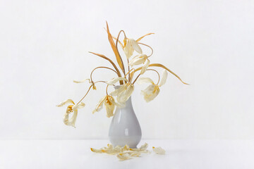 A bouquet of dry white tulips in a white ceramic vase.