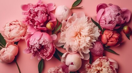 Spring peony flowers on pink pastel background  AI generated illustration