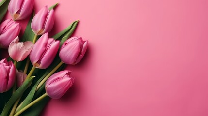 Spring tulip flowers on pink background top view in  AI generated illustration
