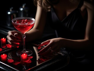 Valentine's Day drink, in a posh lounge, immersed in sultry reds and deep blacks