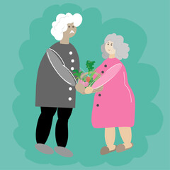 a couple of pensioners: a man and a woman extend their hands to each other and hold a basket with crops. vector graphics