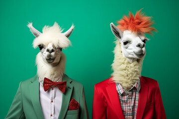 two llamas with human bodies in Christmas colors clothes on a green background for Christmas