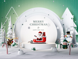 Christmas  stage with Christmas symbols. Santa Claus with Elf and Snowman on white background. 3D...