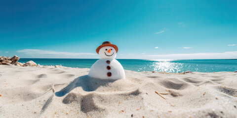 Obraz premium Happy snowman sunbathing at the sand beach
