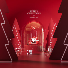 Glass dome with Santa Claus and presents. Red Christmas background with text and decoration. 3D Rendering, 3D Illustration © hd3dsh