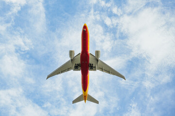 An airplane flying low during landing