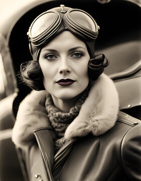 vintage sepia style portrait of a glamorous 1930s female aircraft pilot