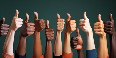 Diverse hands with thumbs up, a universal gesture of approval, same feelings, same goals in a diverse world