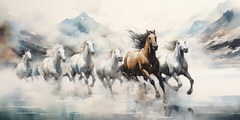 Fototapeta premium A group of galloping white and brown wild stallions, watercolor illustration.