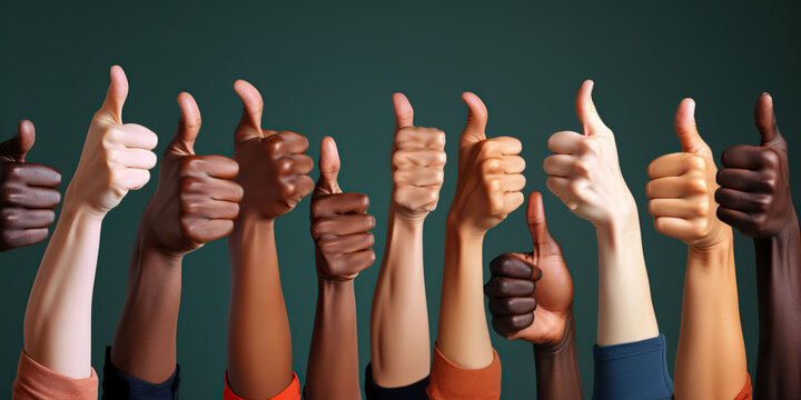 Diverse hands with thumbs up, a universal gesture of approval, same feelings, same goals in a diverse world - Powered by Adobe