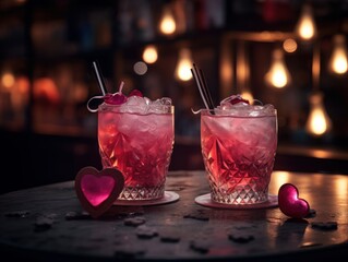 Valentine's Day-themed cocktails shimmering in the warm candlelight of an intimate restaurant...