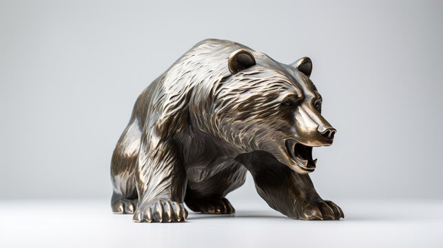 A beautiful bear sculpture, set on a clean white surface, embodying the volatility of the stock market.