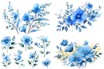 Blue Flowers watercolor illustration set isolated on white background