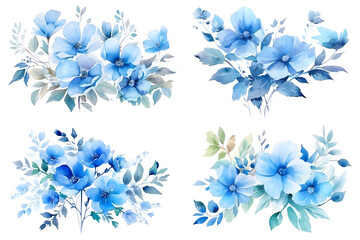 Fototapeta na wymiar Blue Flowers watercolor illustration set isolated on white background