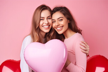 Charming long-haired girls smile and hug each other holding a heart on a pink background - obrazy, fototapety, plakaty