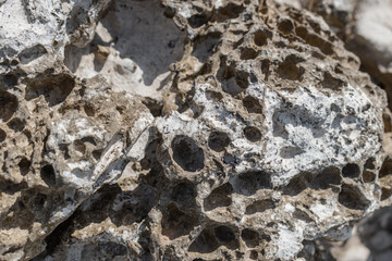 Selective focus and blurred texture of sea rock with holes