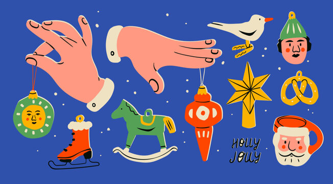 Various Festive Christmas toys. Different tree decorations. Hand holding toy, bird, elf, ice skate, pretzel, rocking horse, star, santa mug. Hand drawn Vector illustration. Isolated design elements