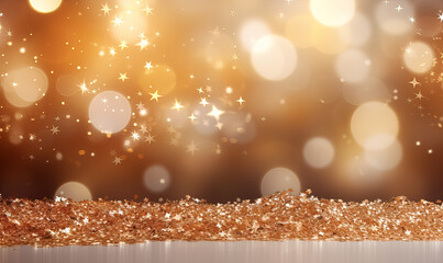 Gold Star bokeh background with glitter piles, wedding celebration backdrop, unique gold bokeh, product display wallpaper, new years or christmas design