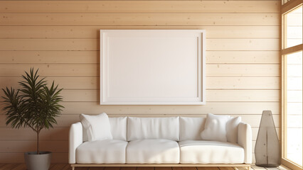 Blank framed photo hanging on wood interior wall, warm sunlight shining through