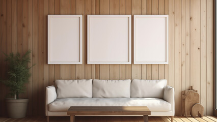 Blank framed photo hanging on wood interior wall, warm sunlight shining through