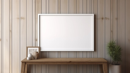 Blank framed photo hanging on wood interior wall, warm sunlight shining through