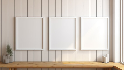 Blank framed photo hanging on wood interior wall, warm sunlight shining through