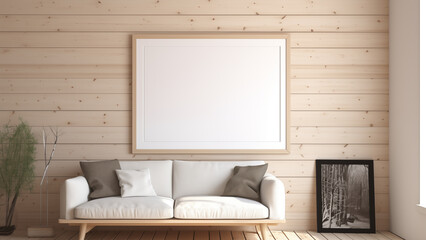 Blank framed photo hanging on wood interior wall, warm sunlight shining through