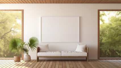 Blank framed photo hanging on wood interior wall, warm sunlight shining through