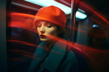 A Stylish Woman in a Red Hat and Blue Coat taking a train ride. A woman wearing a red hat and blue coat while seated on a train. Long exposure light trails
