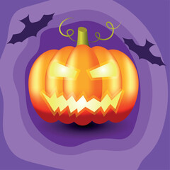 Scary Halloween pumpkin on a purple background with bats