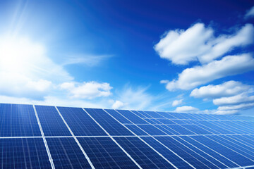 Solar panels and sunlight with beautiful blue sky and sunlight. Electricity source for energy and electric power by sustain environment.