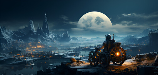 an astronaut driving a lunar rover vehicle on the moon surface in the space. earth planet seen in the background. futuristic autopilot robot technology. pc desktop wallpaper background.