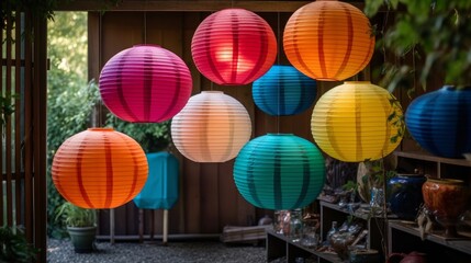 Fototapeta na wymiar Festive paper lanterns in various colors and sizes AI generated illustration