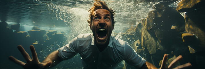 businessman diving underwater and screaming. It represents a metaphorical depiction of stress, frustration, or feeling overwhelmed in a business context, facing intense pressure 