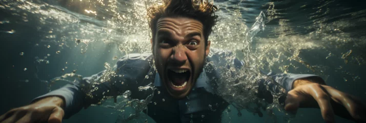 Fotobehang businessman diving underwater and screaming. It represents a metaphorical depiction of stress, frustration, or feeling overwhelmed in a business context, facing intense pressure  © kdcreativeaivisions