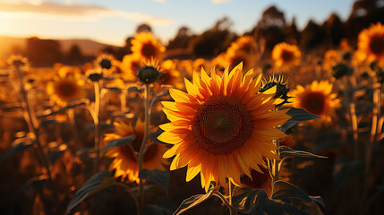 sunflower field at sunset HD 8K wallpaper Stock Photographic Image 