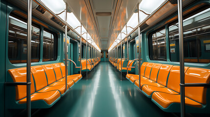 The empty interior of an underground train, in the style of light navy and yellow, bold color choices, environmental awareness, light orange and yellow.