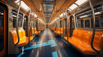The empty interior of an underground train, in the style of light navy and yellow, bold color choices, environmental awareness, light orange and yellow. - obrazy, fototapety, plakaty