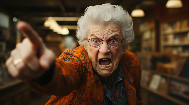 portrait of an elderly person / woman, screaming aggressively. 