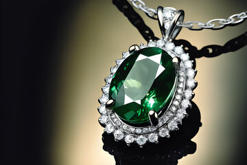 Elegant pendant with emerald. Beautiful jewelry with a transparent green stone