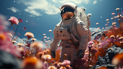 astronaut in a field with wild flowers growing - concept art. - obrazy, fototapety, plakaty