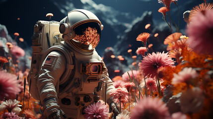 astronaut in a field with wild flowers growing - concept art.