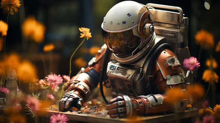 astronaut in a field with wild flowers growing - concept art.